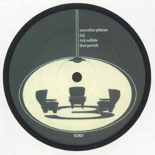 Etiqueta central del lado B del vinilo 3Chairs – Demigods, con arte minimalista que muestra tres sillones bajo una lámpara, nombres de los productores Marcellus Pittman, KDJ, Rick Wilhite y Theo Parrish, y referencia al catálogo Three Chairs 3CH07 en formato 12" reimpresión.