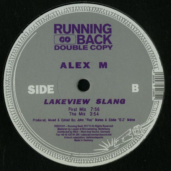 Contraportada del vinilo Alex M – It Works. Sello Running Back Double Copy, formato 12". Lado B con lista de canciones y créditos de producción.