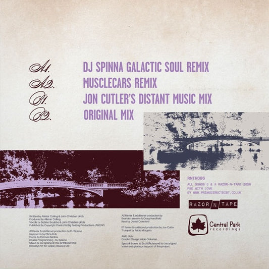 Contraportada de vinilo 12" Alistair Colling Vs. Tortured Soul – When You Find Your Love... Hold On (25th Anniversary Mixes), tracklist con remixes y logo Razor-N-Tape.