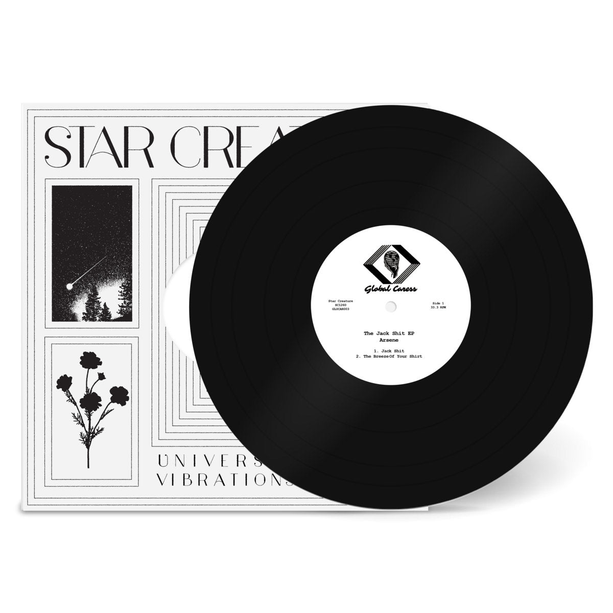 Vinilo Arsene – The Jack Shit EP parcialmente fuera de su funda, destacando el arte gráfico de Star Creature y la galleta del lado A.