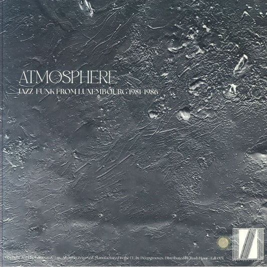 Contraportada del vinilo Atmosphere – Jazz-Funk from Luxembourg 1981-1986 editado por Editions de Lux, con textura gris metálica y créditos en blanco.