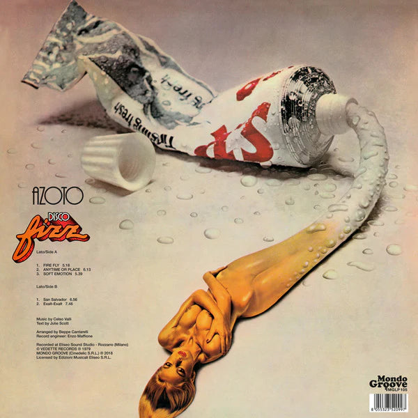 Reverso del vinilo Azoto – Disco Fizz en formato LP de Mondo Groove, mostrando créditos, duración de temas y diseño retro-futurista.