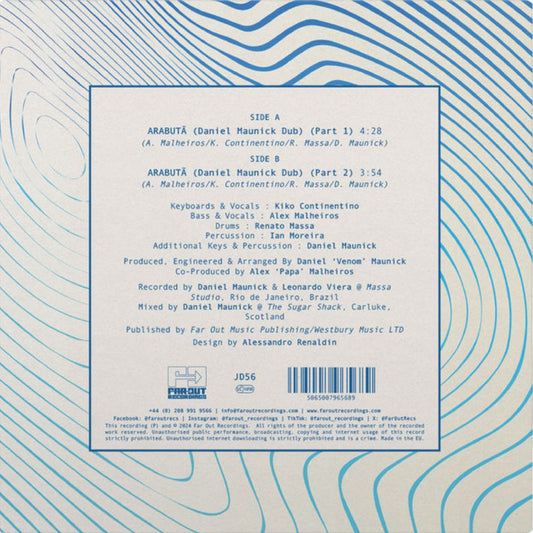 Portada trasera del vinilo "Arabutã" de Azymuth, lanzado por Far Out Recordings en formato 7". Incluye lista de canciones, créditos y detalles de producción.