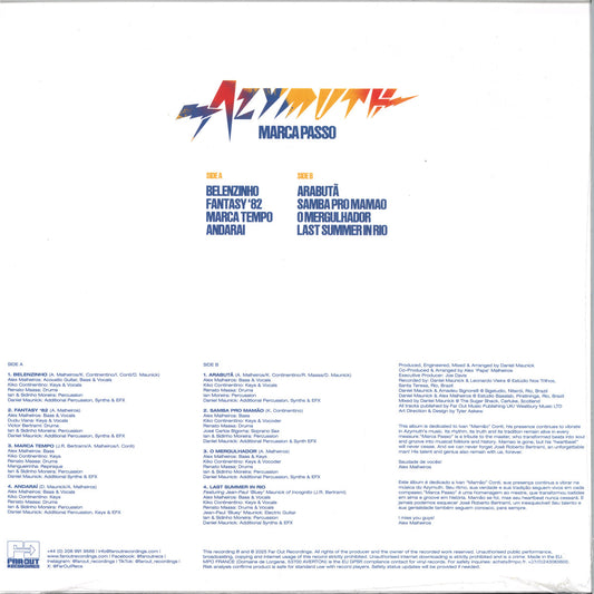 Contraportada del vinilo Azymuth – Marca Passo con listado de pistas, créditos y logo del sello Far Out Recordings.