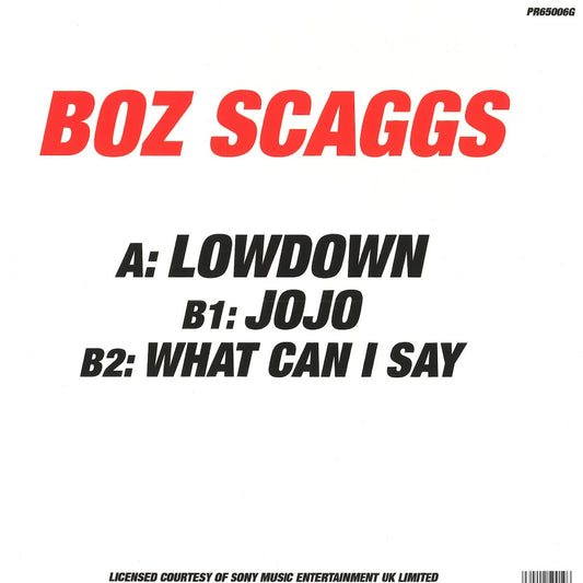 Contraportada del vinilo Boz Scaggs – Lowdown bajo el sello Columbia. El vinilo es un 12", reedición, verde. Texto impreso: A: Lowdown / B1: Jojo / B2: What Can I Say.