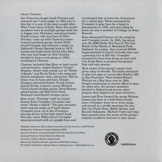 Contraportada del vinilo Chateau – Feelings / Strike A Spark con texto biográfico y créditos completos de la reedición 7" 45 RPM en el sello Past Due, diseño limpio y lectura clara.