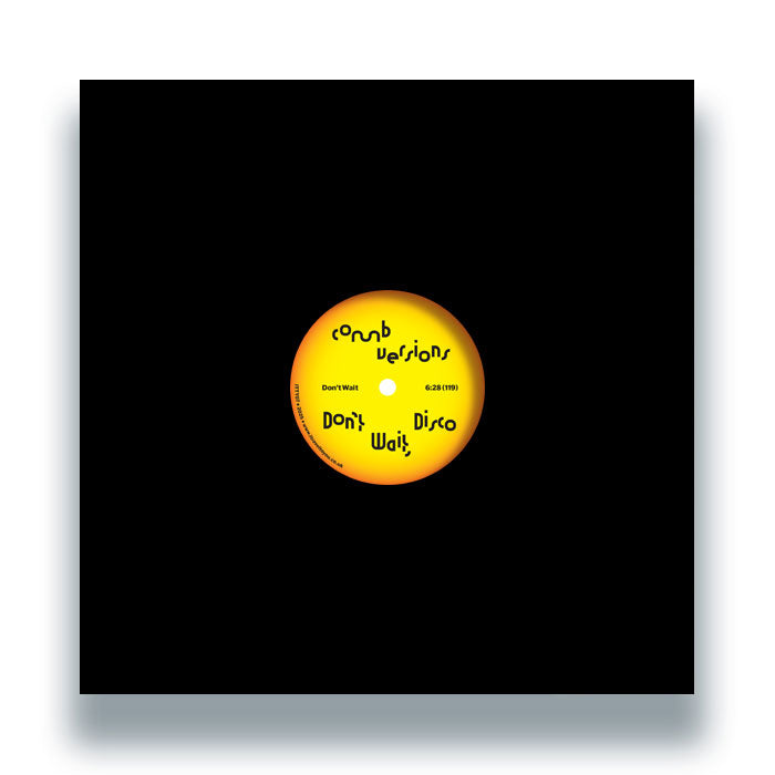 Portada del vinilo 12" Comb Versions – Don’t Wait, Disco de I Travel to You, con diseño minimalista negro y etiqueta central amarilla en primer plano.