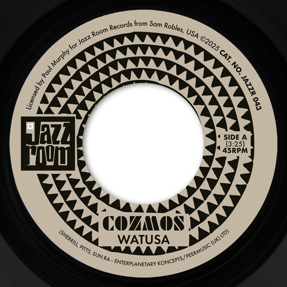 Etiqueta central lado A del vinilo Cozmos – Watusa de Jazz Room Records, 7 pulgadas 45 RPM, con diseño geométrico, duración 3:25 y créditos visibles.