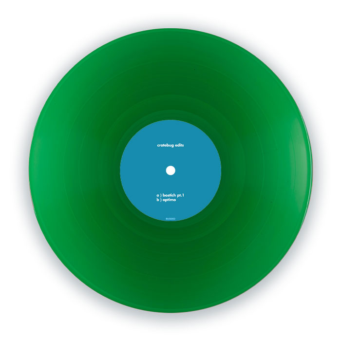 Vinilo 12" verde Cratebug – Cratebug Edits, lanzado por Bug Records (CHGO), en vista general. Texto impreso: cratebug edits. a) bostich pt.1 b) optimo.