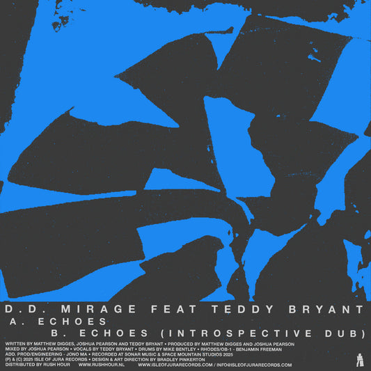 Contraportada del vinilo 10" D.D. Mirage Feat. Teddy Bryant – Echoes en Isle Of Jura, diseño abstracto azul y negro con tracklist y créditos completos.