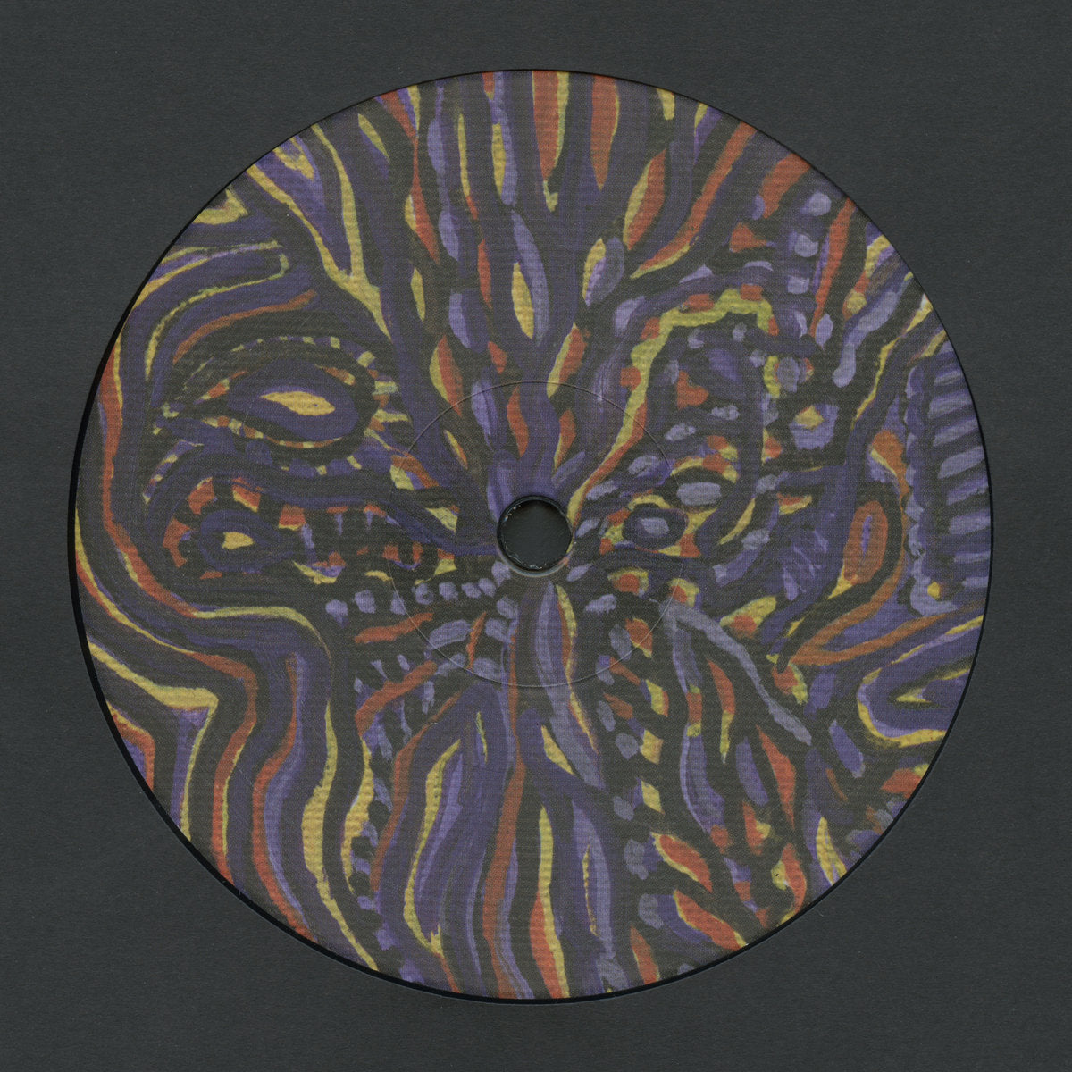 Lado B del vinilo Deetron Presents Soulmate – Code 12" EP de Ilian Tape, con label ilustrada tipo pintura abstracta en tonos púrpura, verde y naranja cubriendo toda la superficie.