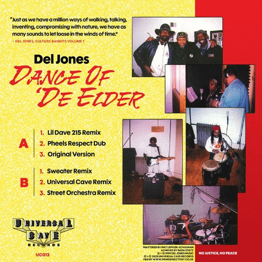Contraportada del vinilo Del Jones – Dance Of 'De Elder (12", Universal Cave) con fotos de estudio, créditos y listado de remixes de los lados A y B.