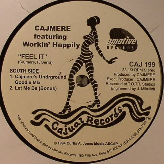 Portada trasera del vinilo Derrick Carter / Cajmere Feat. Workin' Happily – Payment EP / Feel It, publicado por Cajual Records en 12". Contiene la lista de canciones y detalles de producción.