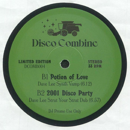 Etiqueta central del lado B del vinilo Disco Combine – 2001 Disco Party / Potion Of Love, con pistas "Potion Of Love" (6:12) y "2001 Disco Party" (Strut Your Strat Dub, 6:57), edición limitada promo 12", catálogo DCOMB004 del sello Disco Combine.