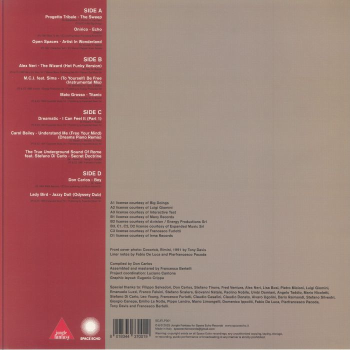 Contraportada del vinilo Don Carlos – Echoes Of Italy (Early 90s House Vibes) Vol. 1, edición en formato 2xLP por Space Echo. Incluye listado completo de pistas divididas en lados A, B, C y D, con artistas y títulos correspondientes. Créditos y detalles de licencia impresos en parte inferior.