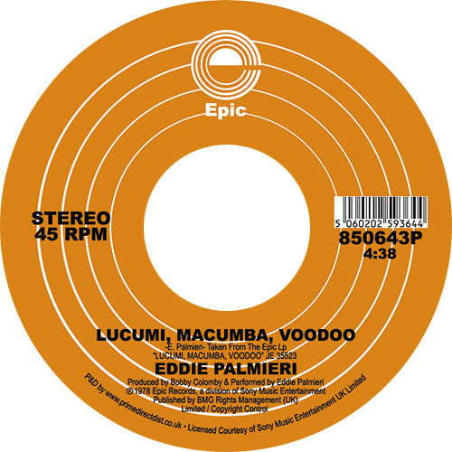 Etiqueta central lado B del vinilo Eddie Palmieri – Spirit Of Love en formato 7", 45 RPM reedición de Epic, con diseño naranja, tema “Lucumi, Macumba, Voodoo”, créditos completos, duración 4:38 y número de catálogo 850643P.