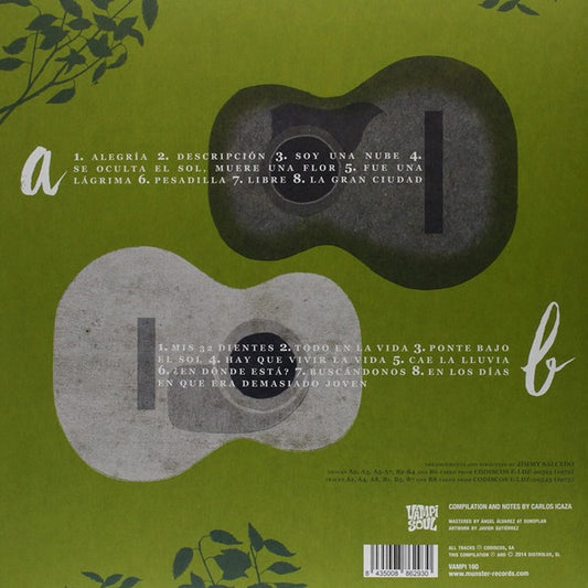 Contraportada del vinilo Elia y Elizabeth – La Onda De Elia y Elizabeth en Vampisoul, LP compilación reedición con listado de pistas sobre diseño verde con guitarras impresas.
