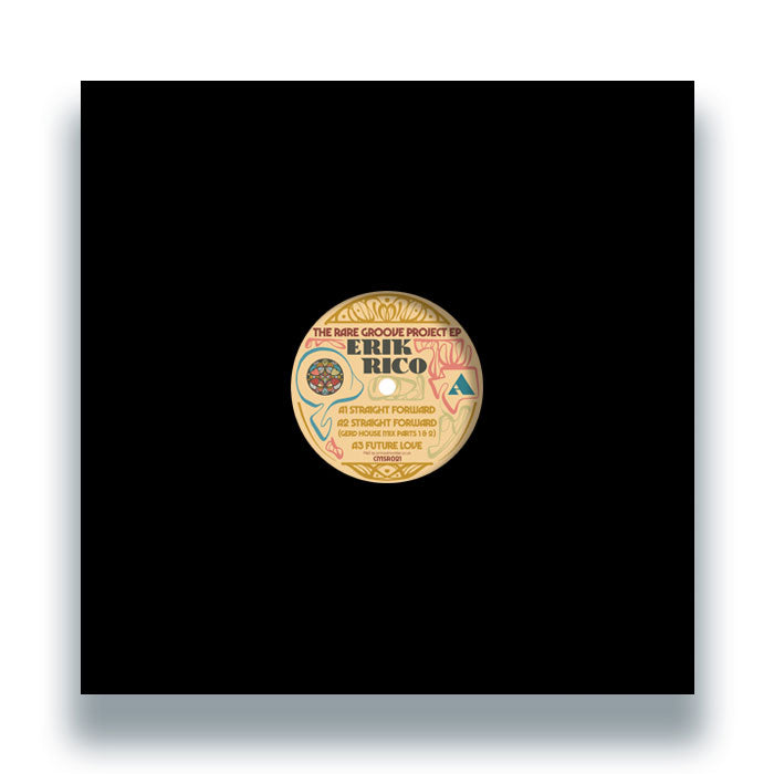 Portada del vinilo Erik Rico – The Rare Groove Project EP con centro visible desde funda negra; edición 12", EP lanzada por Cosmocities Records para DJs y coleccionistas.
