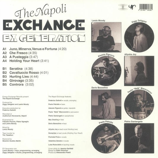 Contraportada del vinilo Ex Generation – The Napoli Exchange mostrando listado de pistas, créditos, fotos de músicos y sello Energy Exchange Records.