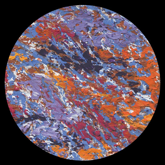 Etiqueta central lado B en vinilo Fireground – Smile As One de Ilian Tape, con arte pintado al óleo en vivos tonos naranja, azul y violeta que cubre toda la superficie.