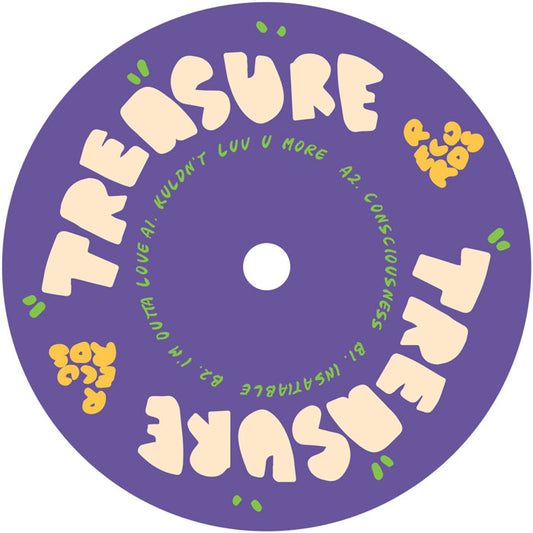 Etiqueta central del lado B del vinilo F.R. – Treasure EP 9, muestra los títulos de las pistas, el logo de Treasure Records y diseño gráfico colorido en violeta, beige y verde.