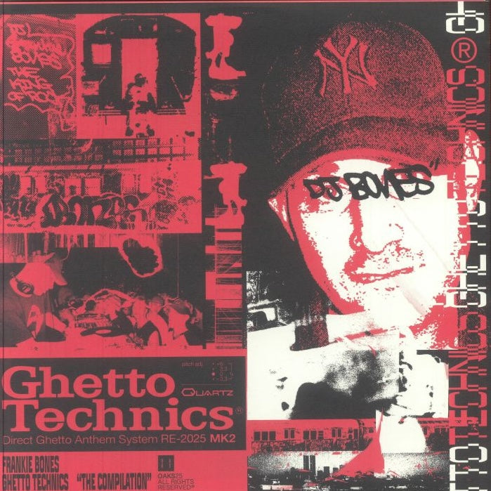 Contraportada del vinilo Frankie Bones – Ghetto Technics "The Compilation" Vol. 1 en 12" editado por Oaks, con collage urbano en rojo y negro y retrato de DJ Bones.