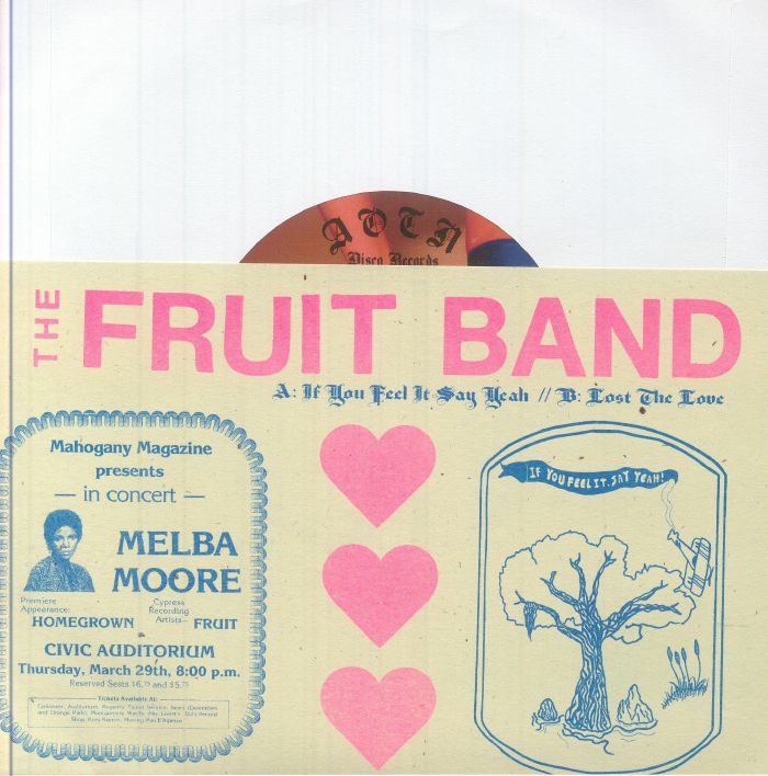 Portada trasera del vinilo Fruit – If You Feel It, Say Yeah, editado por Athens Of The North en 7". Incluye tracklist, ilustraciones y un anuncio de concierto.