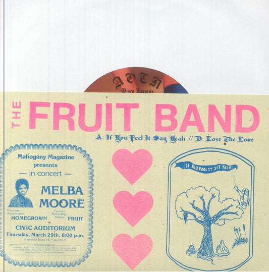 Portada trasera del vinilo Fruit – If You Feel It, Say Yeah, editado por Athens Of The North en 7". Incluye tracklist, ilustraciones y un anuncio de concierto.