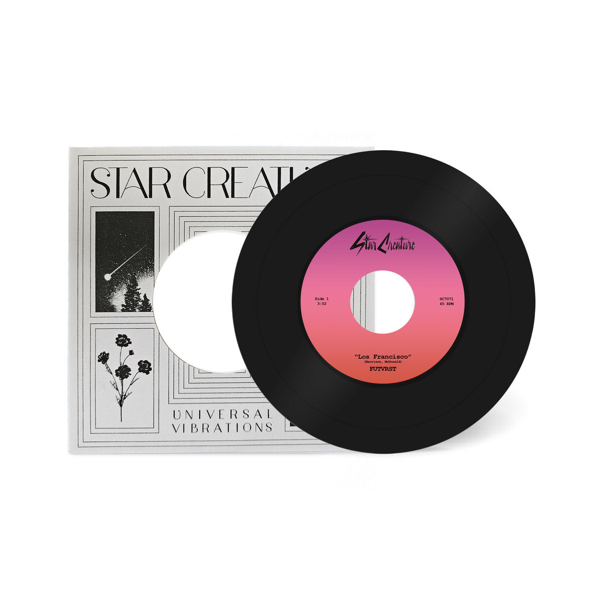 Vinilo 7" Futvrst – Los Francisco / You Can't Stop Me en sello Star Creature, lado A con etiqueta degradada rosa-naranja mostrando duración 3:12 y detalle 45 RPM