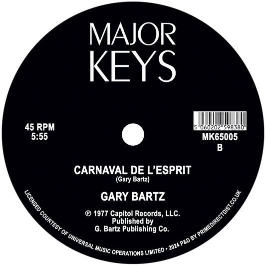 Etiqueta central lado B en vinilo 12" Reedición Gary Bartz – Music Is My Sanctuary / Carnaval De L'Esprit en Major Keys, con pista “Carnaval de L’esprit” de 5:55 y código MK65005.