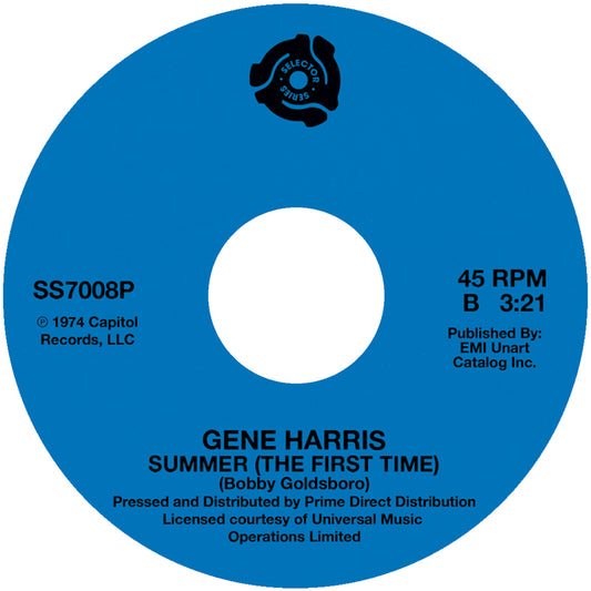 Etiqueta azul del vinilo Lado B con “Summer (The First Time)” de Gene Harris. Texto impreso: 45 RPM, B, 3:21, publicado por EMI Unart Catalog Inc.