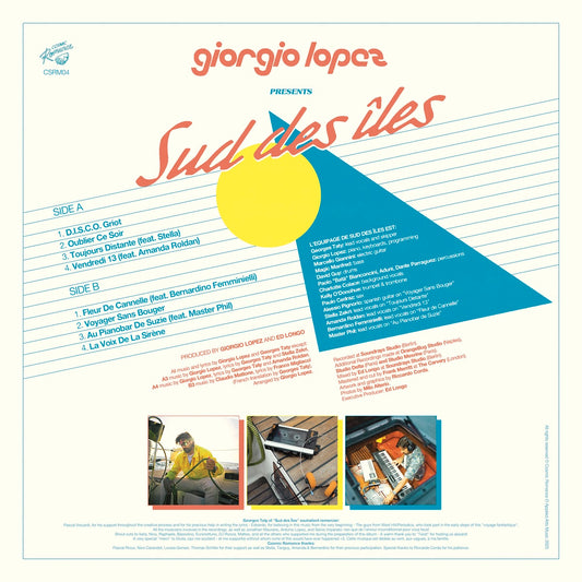 Contraportada del vinilo Giorgio Lopez – Sud Des Îles con tracklist, créditos, figuras náuticas y tres fotografías.
