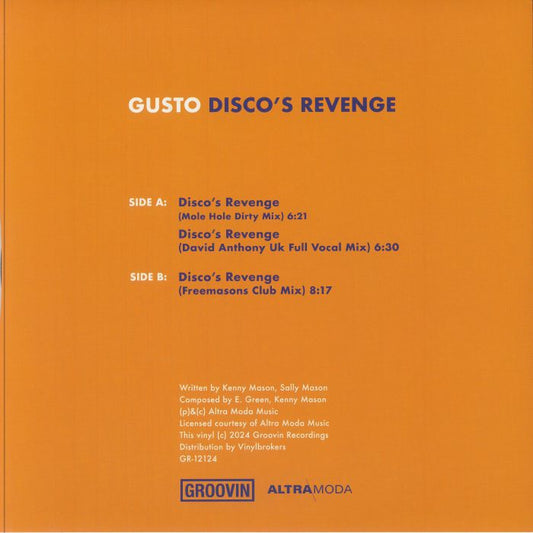 Contraportada del vinilo “Disco’s Revenge” de Gusto en 12" azul, editado por Groovin Recordings. Incluye lista de canciones, créditos y detalles de producción.