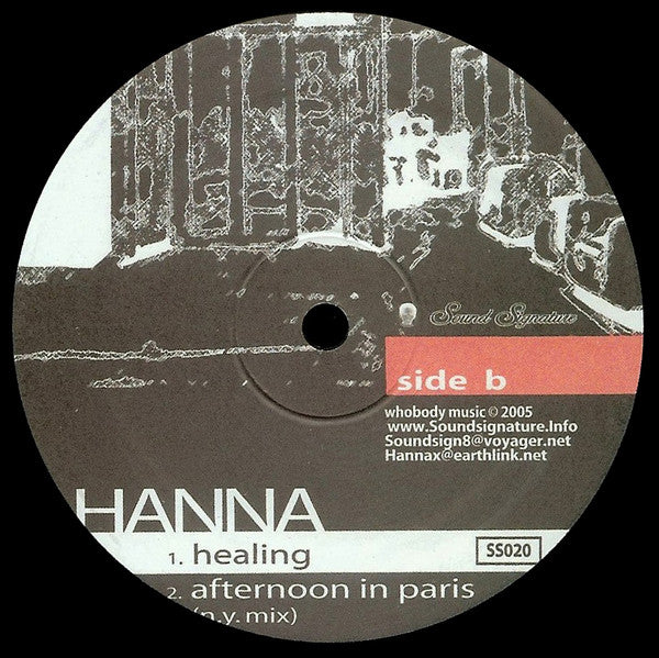 Portada trasera del vinilo Hanna – Time Hotel, editado por Sound Signature en 12". Incluye lista de canciones con los temas “Metropolitan”, “Cottage”, “Healing” y más.