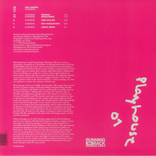 Portada trasera del vinilo "Holy Garage – Surprise" lanzado por Running Back Double Copy. Incluye lista de canciones, créditos y un texto sobre la historia del disco.