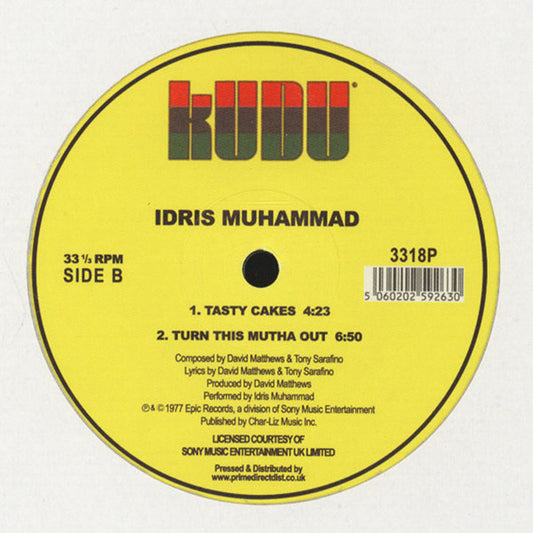 Etiqueta central del vinilo Idris Muhammad – Could Heaven Ever Be Like This, lado B en sello Kudu 12" reedición con catálogo 3318P y dos pistas listadas.