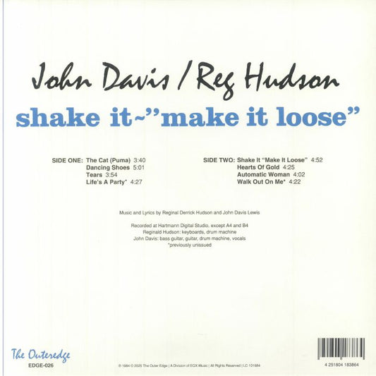 Portada trasera del vinilo Shake It - "Make It Loose" de J.D. (Puma) Lewis, lanzado por The Outer Edge. Incluye lista de canciones, créditos y detalles de grabación.