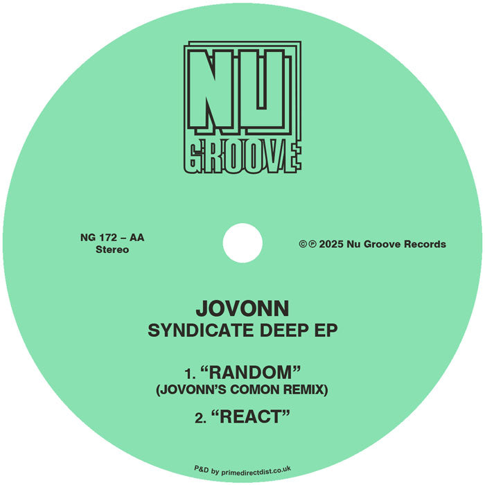 Lado B del vinilo Jovonn – Syndicate Deep EP 12" con etiqueta verde Nu Groove Records, incluye “Random” remix y “React”, catálogo NG 172-AA.