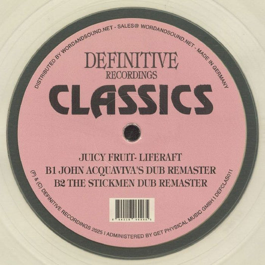 Contraportada del vinilo Juicy Fruit – Liferaft, lanzado por el sello Definitive Recordings en formato 12" transparente. Contiene remixes dub en el lado B. Texto impreso: “JUICY FRUIT – LIFERAFT B1 JOHN ACQUAVIVA’S DUB REMASTER B2 THE STICKMEN DUB REMASTER.”