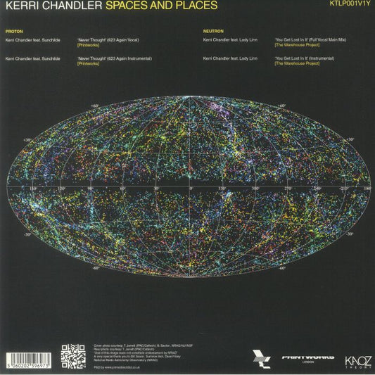 Portada trasera del vinilo de Kerri Chandler "Spaces And Places (Album Sampler Part 1)". Incluye lista de canciones y créditos.