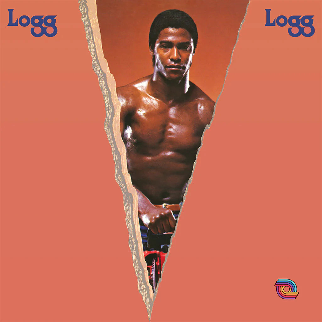 Portada del vinilo Logg – Logg, hombre musculoso emergiendo de un desgarro sobre fondo naranja; LP álbum reedición Be With Records.