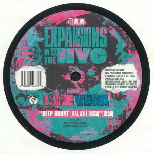 Portada trasera del vinilo 12" reimpresión de Louie Vega con Deep Burnt, editado por Nervous Records. Texto impreso: créditos y sello.