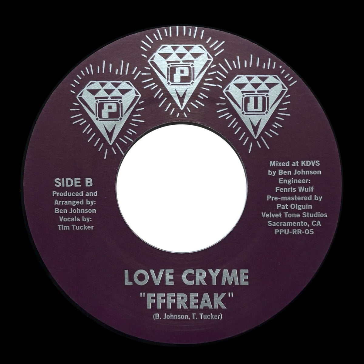 Etiqueta del lado B del vinilo Love Cryme – Get It On, muestra título “FFFREAK” junto a créditos y arte gráfico de Peoples Potential Unlimited.