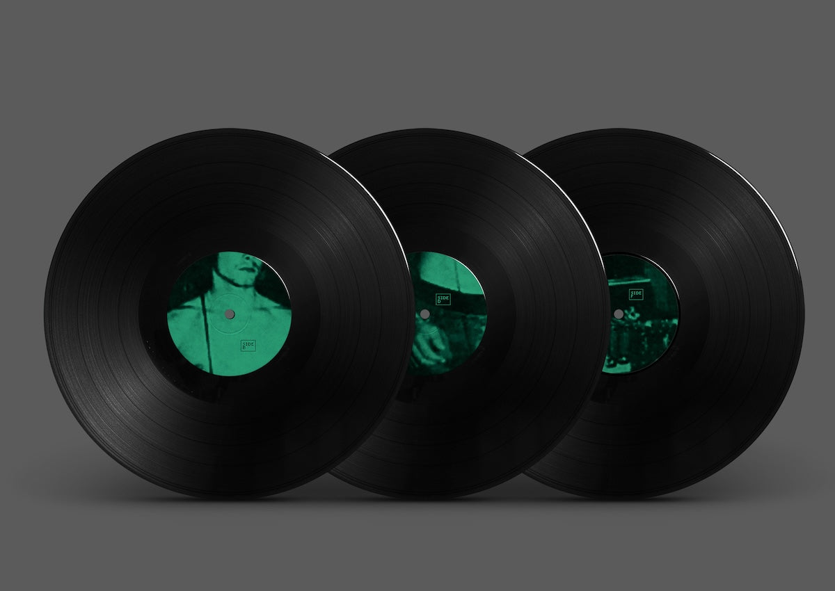 Tres vinilos negros del álbum Marcel Dettmann – Running Back Mastermix: Marcel Dettmann Edits+Cuts con etiquetas centrales en verde, destacando el arte minimalista y el corte DJ-friendly.