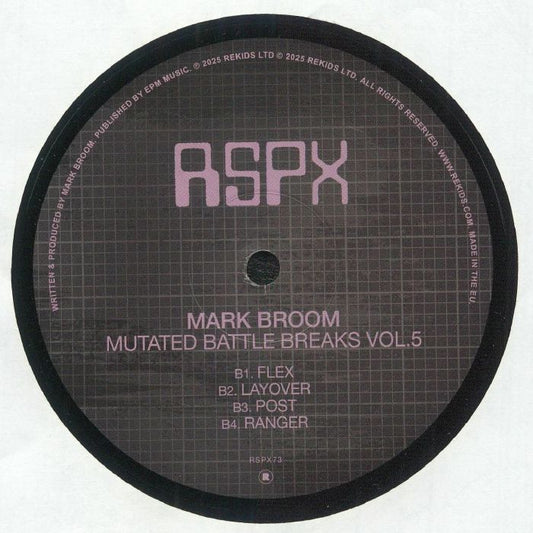 Portada trasera del vinilo "Mark Broom – Mutated Battle Breaks Vol. 5", publicado por Rekids Special Projects en 12". Lista de canciones y créditos en diseño oscuro con tipografía geométrica.
