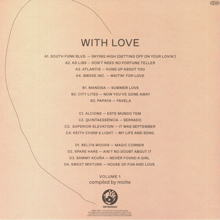 Contraportada del vinilo Miche – With Love Volume 1 con listado completo de pistas A–D, créditos y logo de Mr Bongo, compilación 2 x LP.