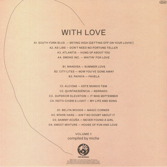 Contraportada del vinilo Miche – With Love Volume 1 con listado completo de pistas A–D, créditos y logo de Mr Bongo, compilación 2 x LP.