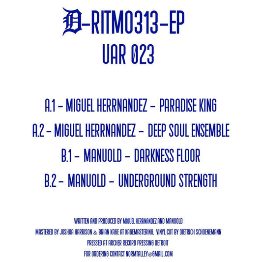 Contraportada de vinilo Miguel Herrnandez / Manuold – D-Ritmo 313 EP con tracklist completo A1, A2, B1, B2 y créditos del EP 12" de Upstairs Asylum Recordings.