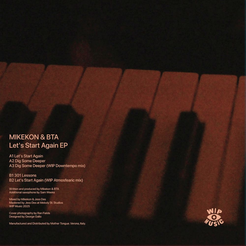 Contraportada del vinilo Mikekon & BTA – Let's Start Again en 12'' EP de WIP Music con listado de pistas y créditos sobre teclas de piano en sombras.