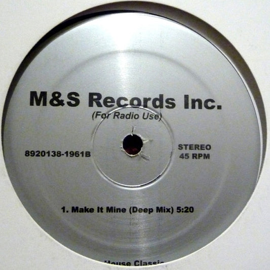 Contraportada del vinilo 12" de Moby / The Shamen – Mobility / Make It Mine, lanzado por M&S Records. Texto impreso: Make It Mine (Deep Mix) 5:20, lado B.